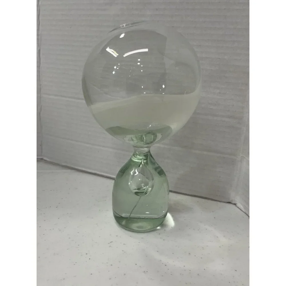Double Round Vase Green with White Design Rare Vase Style Weighted Bottom